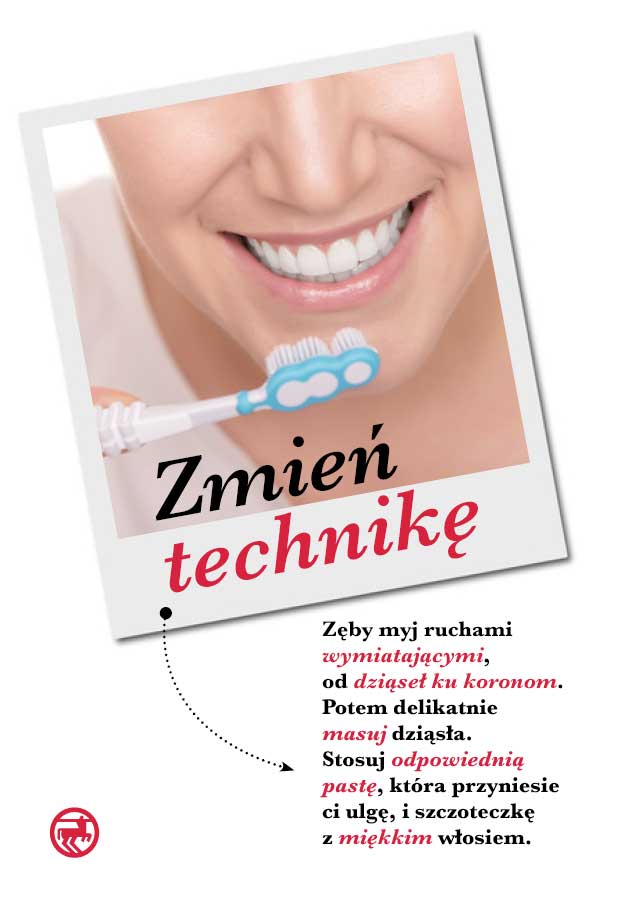 Grafika ukazuje zalecenia do technik szczotkowania przy nadwrażliwości zębów